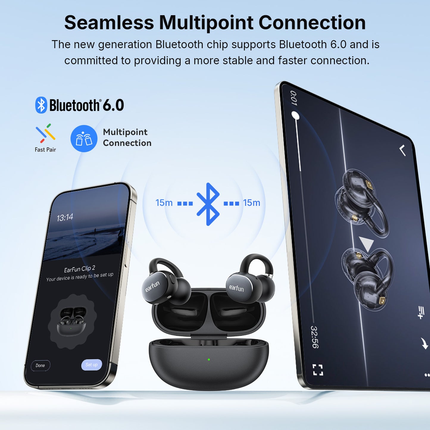 EarFun Clip 2 Open Ear Earbuds, Hi-Res Certified With LDAC Support, 12mm Dual-Magnetic Titanium Composite Dynamic Drivers, C-Bridge Zero Pressure Fit, 40H, Wireless Charging, IP55